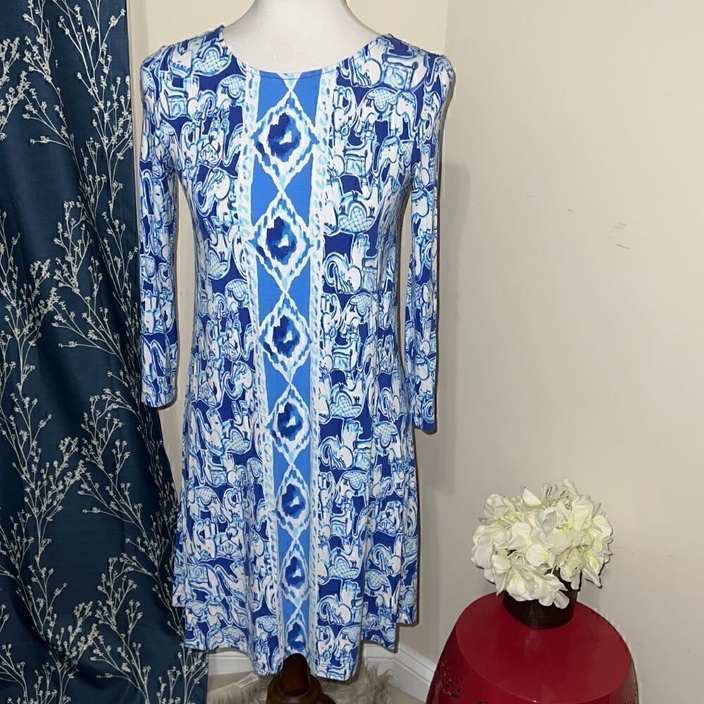 Lilly Pulitzer Get Trunky Ophelia Swing Dress Blue Elephant Lattice sz XS